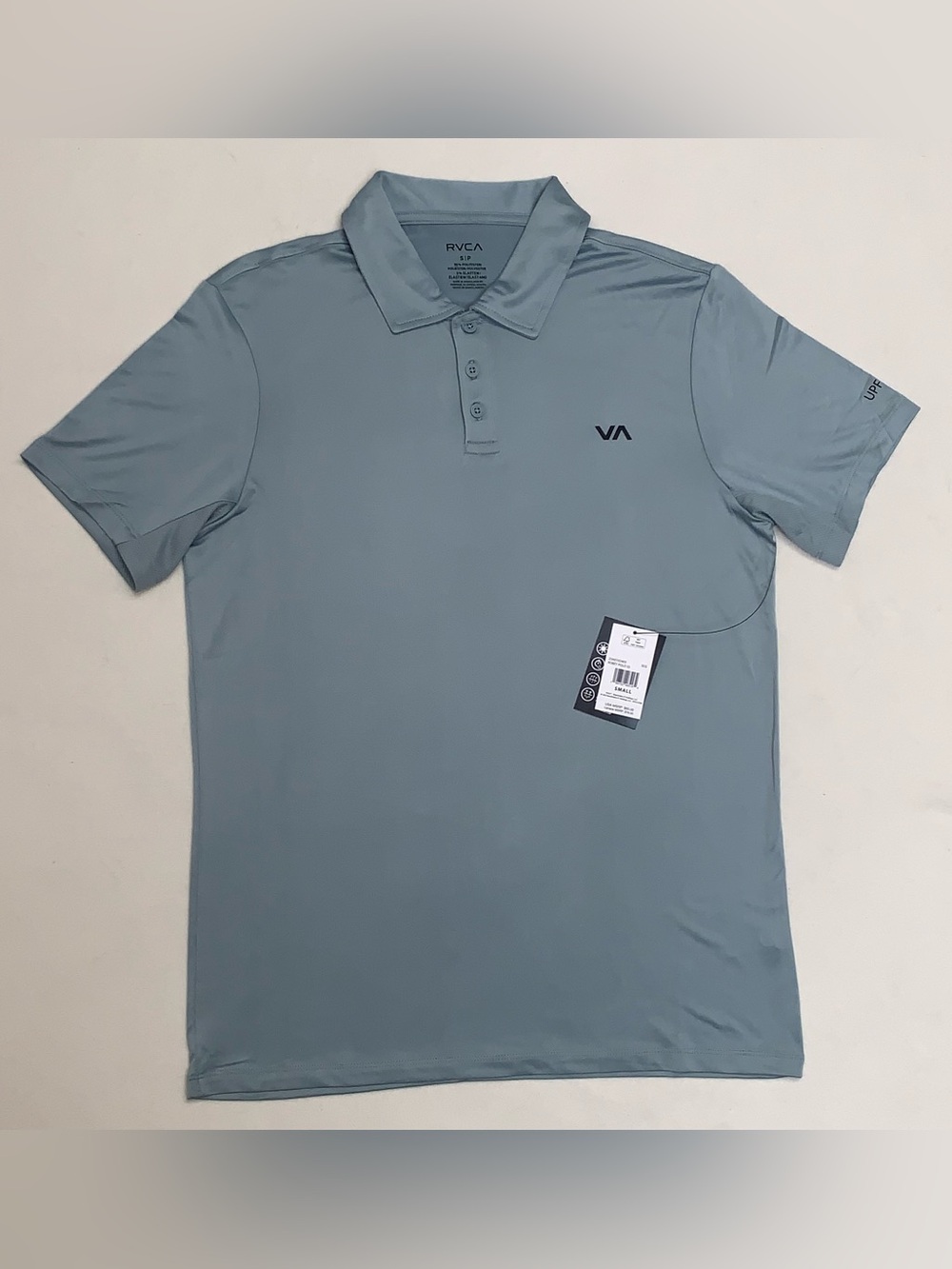RVCA Robey Polo Shirt Ensign Blue/Green Mens Sz S UPF50 Quick Dry Performance
